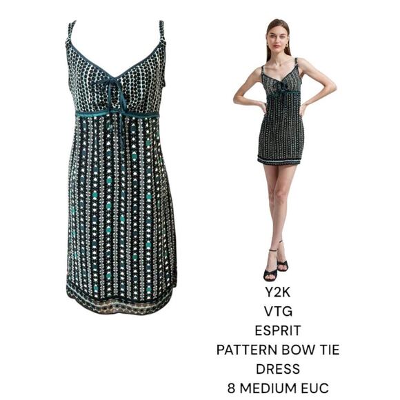 Y2K VTG. ESPRIT GRAPHIC PATTERN PRINT RIBBON TIE DRESS SIZE 8 MEDIUM - Picture 6 of 6